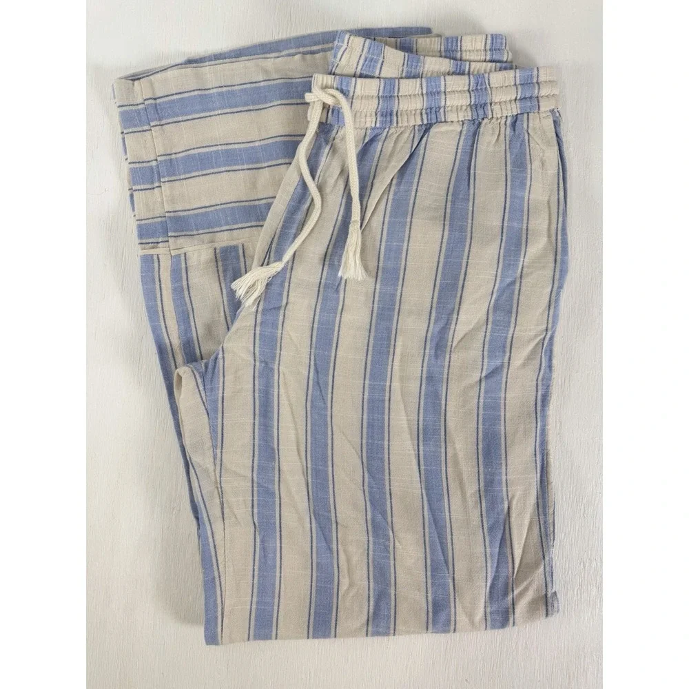 H&M DIVIDED Coastal Blue White Striped Linen Blend Wide Leg Pants Women's Small